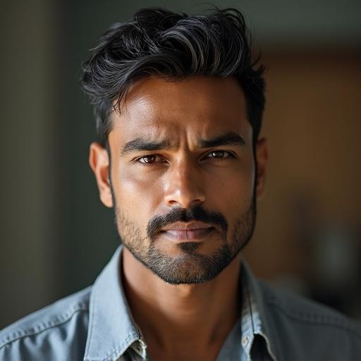 Headshot of a middle-aged Indian man. Age is about 25 years. Clean shaven and well-groomed. Hair is styled. Lighting is soft and natural. Face exudes confidence.
