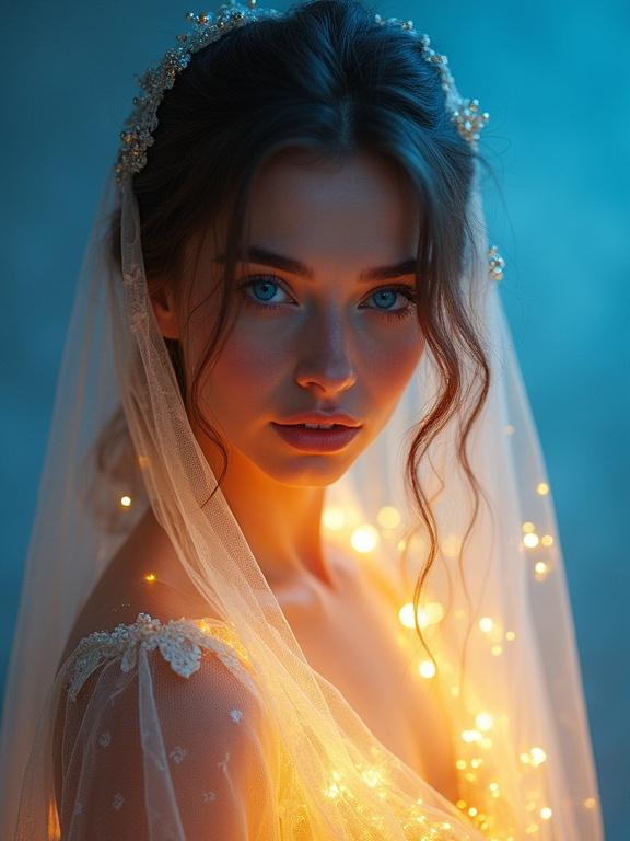 Close-up portrait of a stunning woman with blue eyes. She has delicate features and subtle makeup. Partially draped in an iridescent veil and dress. Bright light emanates from within and around her. Detailed fabric texture and glittering highlights create an ethereal look. Studio setting with a blue gradient background.
