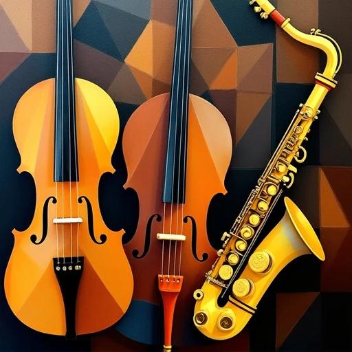 Cubist-style artwork featuring musical instruments. Violins and saxophone represented with geometric shapes. Colors are brown black and yellow. Front side and back views combined in one image. Abstract design fills the entire frame. Creates a flexible and artistic atmosphere.