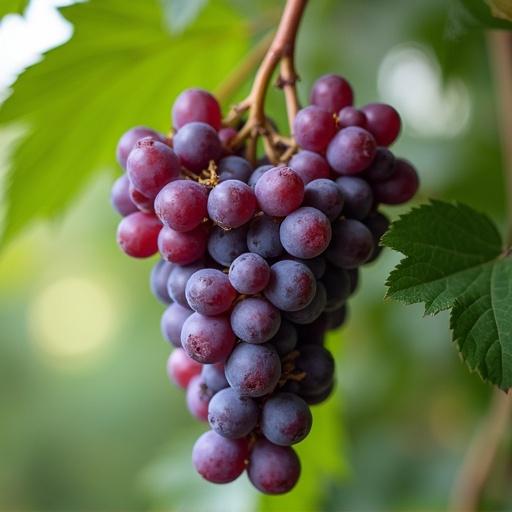 Close-up image of a cluster of grapes hanging from a vine. Grapes are a mix of purple and blue colors with green leaves in the background.