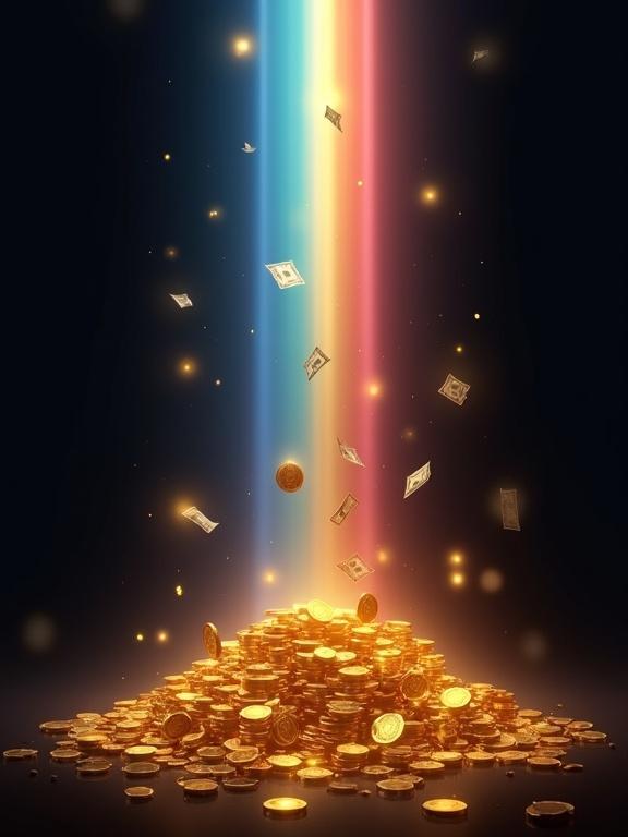 A smartphone wallpaper featuring a black background. Seven colored lights shine down from above. There are piles of glowing gold coins on the ground. Paper money is falling gently from the sky.