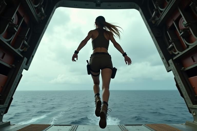 Wide shot of a woman mid-leap diving from the rear cargo door of a military aircraft. The woman has long hair streaming behind her. She wears tactical clothing with thigh straps and rugged boots. A stormy sky and dark ocean are visible below. The scene captures a moment of dramatic escape.