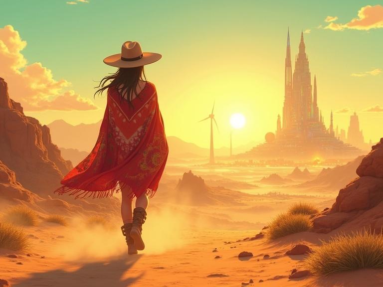 Figure walks through a warm desert. Vivid colored poncho and cowboy hat worn. Dust swirls around boots. Setting sun casts long shadows. Shimmering solarpunk city on horizon. Lush greenery and wind turbines visible. Dreamlike hues create atmosphere. Cinematic composition in semi-realistic style.