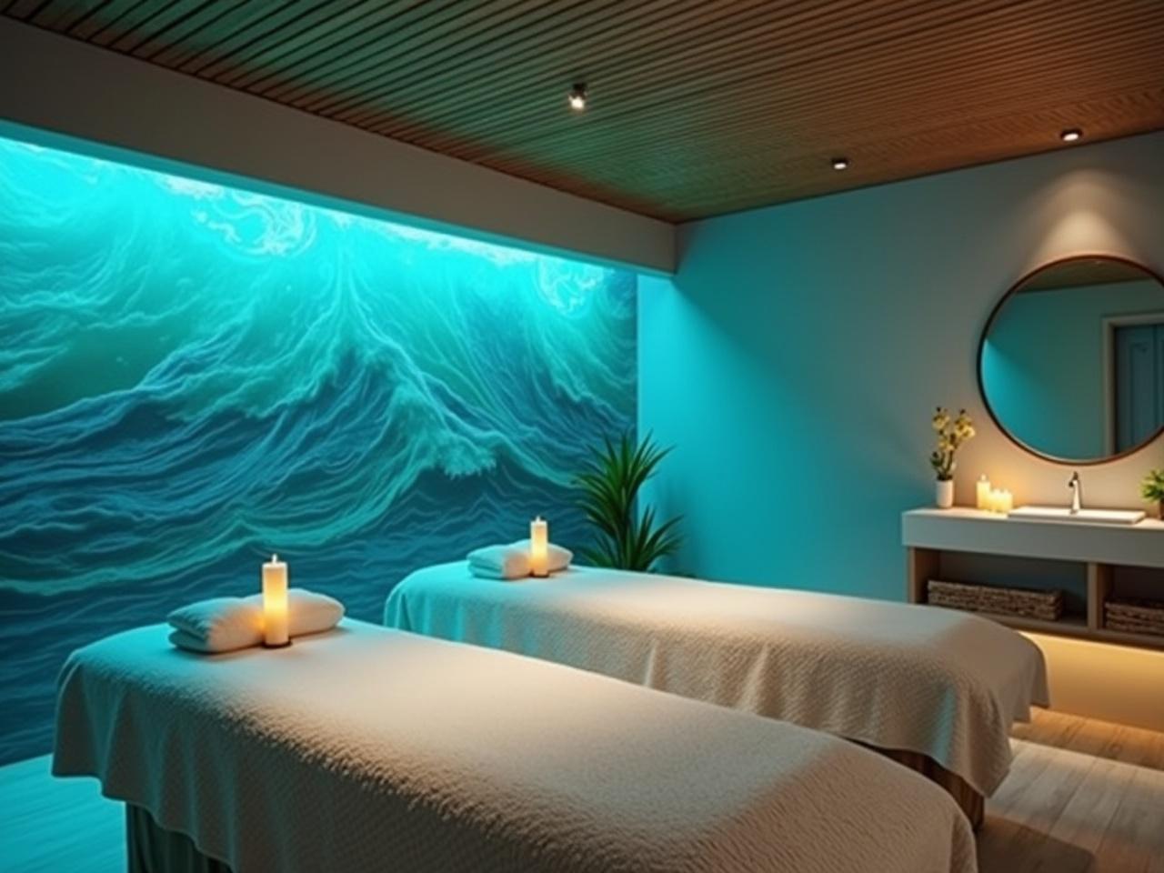 The image depicts a serene spa interior designed for relaxation. There are two massage tables, each neatly arranged with soft blankets and candles. A large mural on the wall showcases a vibrant ocean scene, with turquoise waves and a touch of greenery, enhancing the soothing ambiance. The ceiling features wooden panels, contributing to a natural and calming atmosphere. Soft blue lighting subtly illuminates the space, while a minimalist sink area is visible with a few decorative items and plants. Overall, the environment is designed to promote tranquility and wellness.