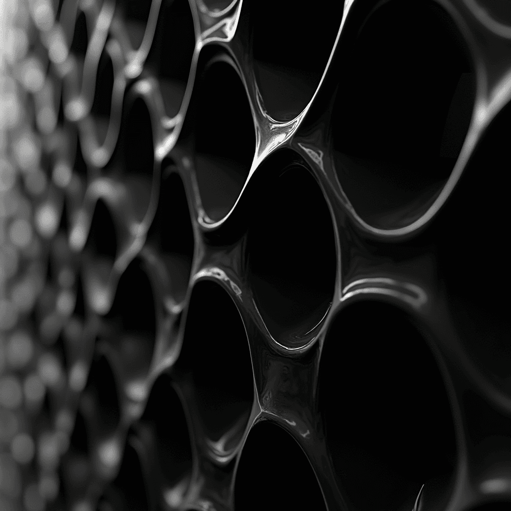 A close-up view of a sleek, black, honeycomb-like structure with glossy surfaces and abstract reflections.