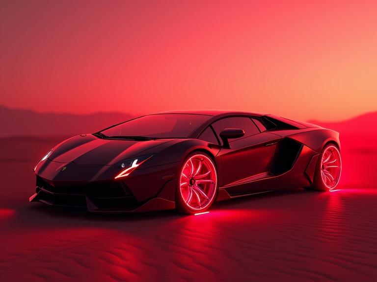A futuristic Lamborghini with glowing laser wheel rims in a vibrant red light against a desert background. Styled after Tron Ares theme. Dramatic and eye-catching composition.