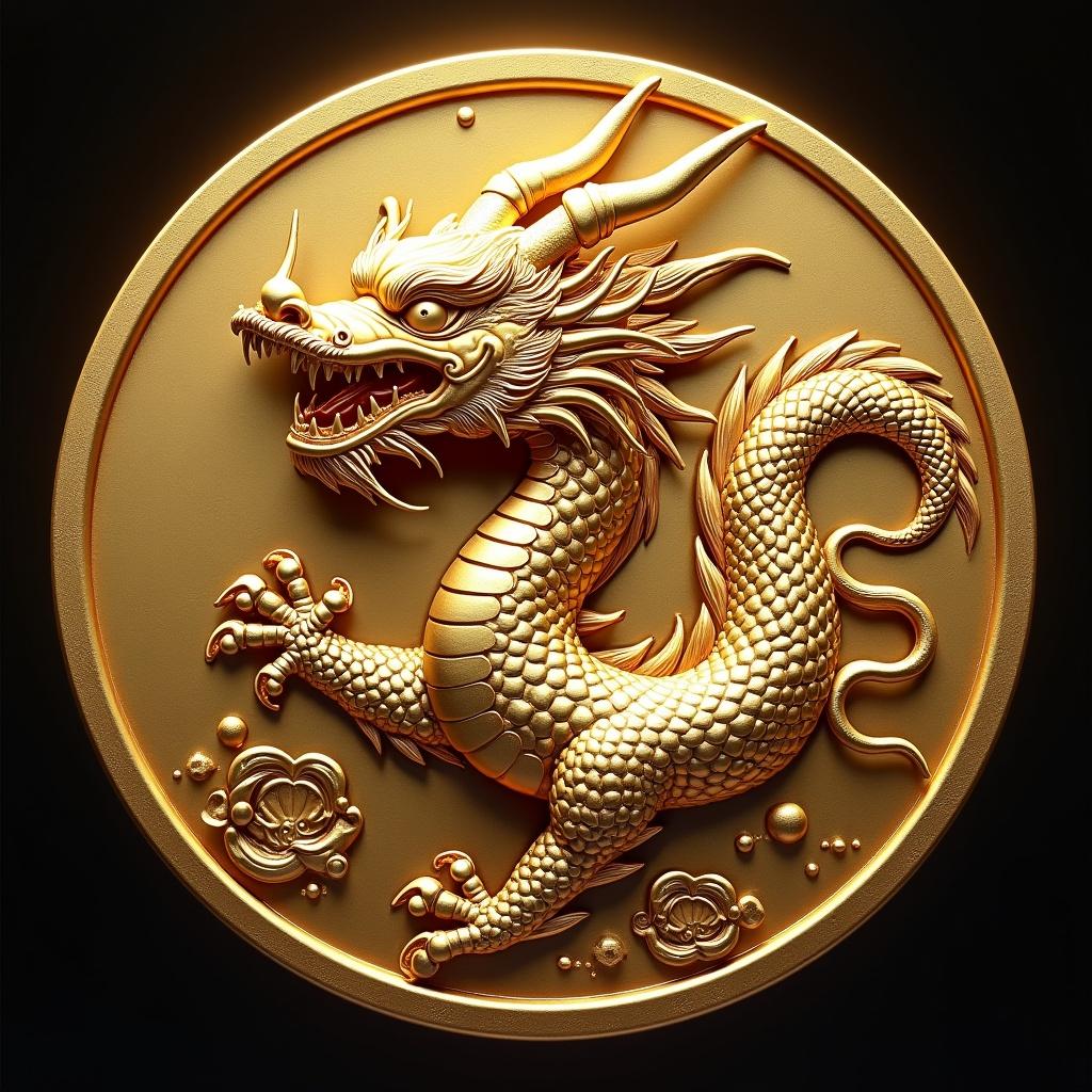 A golden dragon depicted on a circular coin. The dragon has a fierce expression with intricate scales. It is shown in a mid-pounce stance. The coin features floral motifs around the edges. The background is dark to enhance the bright golden color. The dragon symbolizes strength and prosperity.