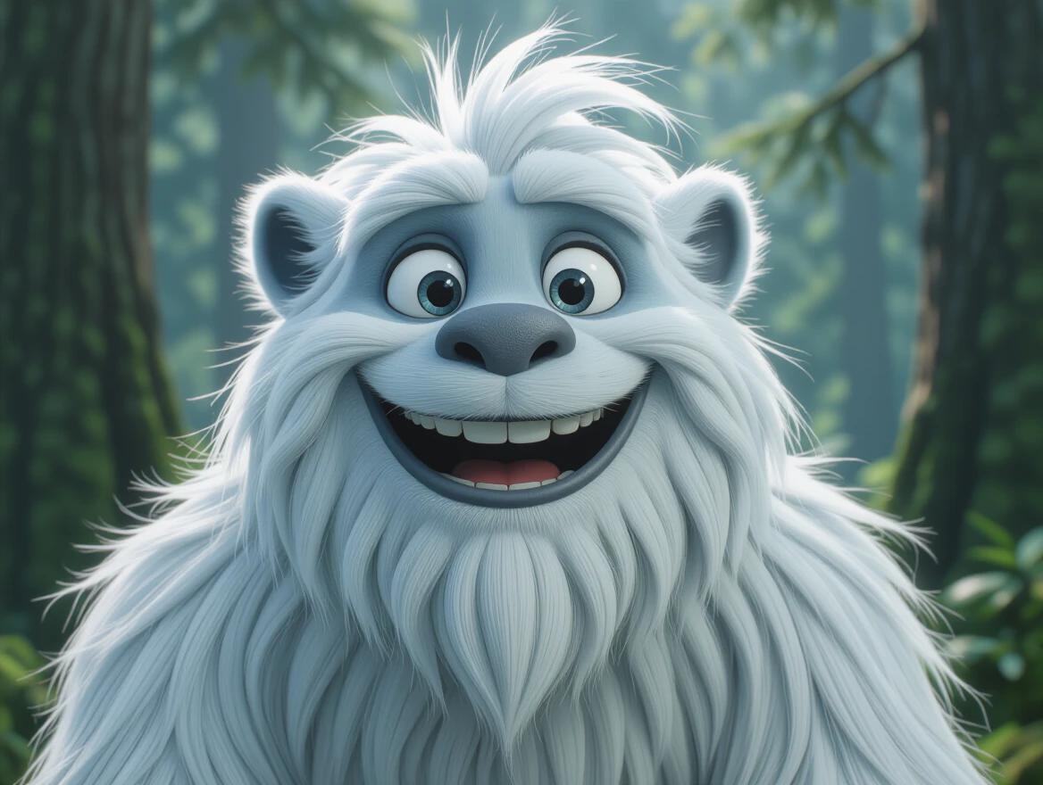 A happy yeti with white fur in a lush green forest. The yeti has a big smile and a cute, goofy face. The setting is vibrant and animated.