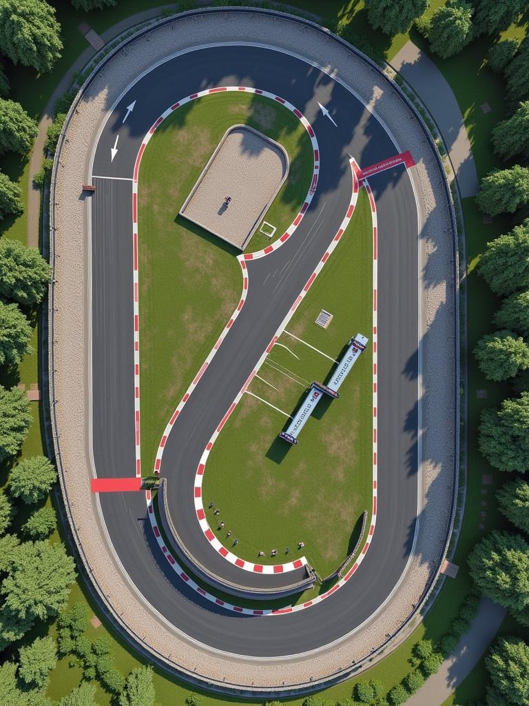 A top-down aerial view displays a detailed racing track layout. The track features long straight sections with tight hairpin turns. Shows an S curve chicane and includes a pit lane. Green grass and gravel traps are present alongside safety barriers and grandstands. Trackside flags and advertisements enhance the scene.