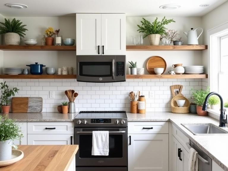 Photograph of a modern kitchen featuring white cabinets with black handles. Subway tile backsplash is visible. Wooden shelves hold various dishes including white plates and blue pots. Glassware and potted plants are added for decor. A black stove with a microwave overhead complements the scene along with a granite countertop. A wooden island displays a white towel. Rustic decor elements enhance the atmosphere, which is bright and airy due to natural light. The upper shelf showcases decorative items such as dried flowers and geometric ornaments, while the lower shelf holds plates and bowls. A black faucet is visible. The kitchen is clean and inviting, embodying a modern farmhouse aesthetic.