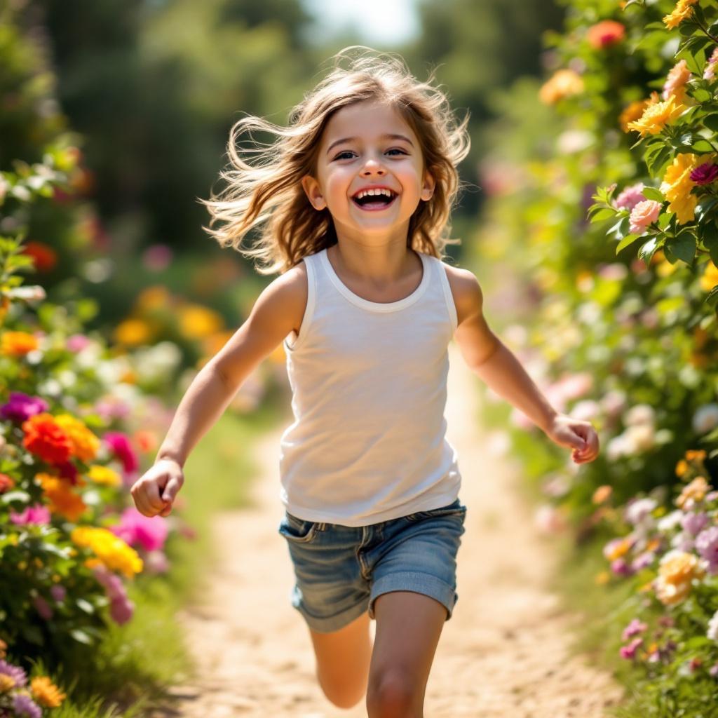 This image depicts a little girl running joyfully along a garden path on a sunny day. She is wearing a simple white tank top and blue shorts. The pathway is lined with vibrant flowers, creating a cheerful and lively atmosphere. The girl has a big smile on her face, conveying happiness and freedom. The sunlight makes the scene bright and inviting, enhancing the playful mood of the moment.