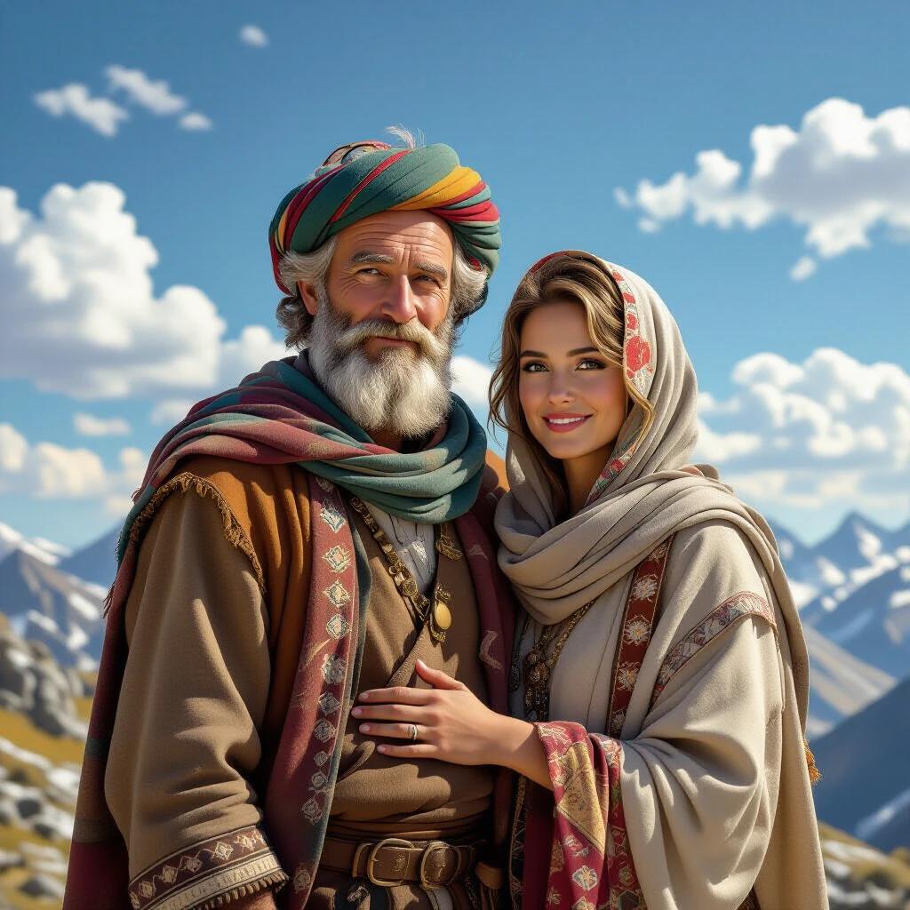 Portrait of couple in cultural attire against mountain backdrop. Man with a beard and turban. Woman has a scarf and smiles. Hyper-realistic with 8K quality.