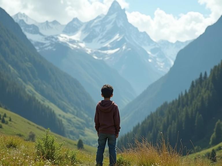 Boy standing in a beautiful valley surrounded by lush green mountains with snow-covered peaks in the background. The boy is looking towards the mountains, evoking a sense of wonder and adventure.