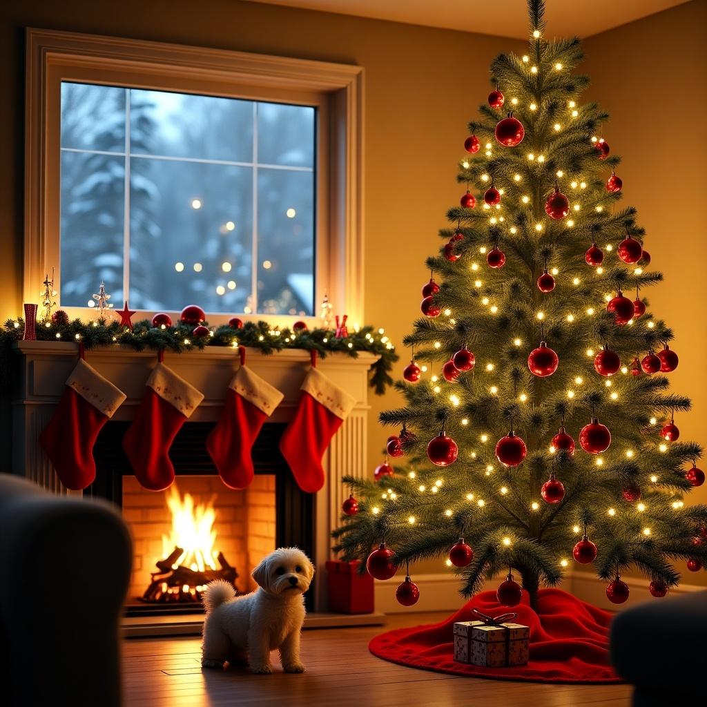 Decorated Christmas tree with lights and ornaments. Cozy fireplace in the background with stockings. A small dog stands on the floor. Soft warm lighting fills the room.