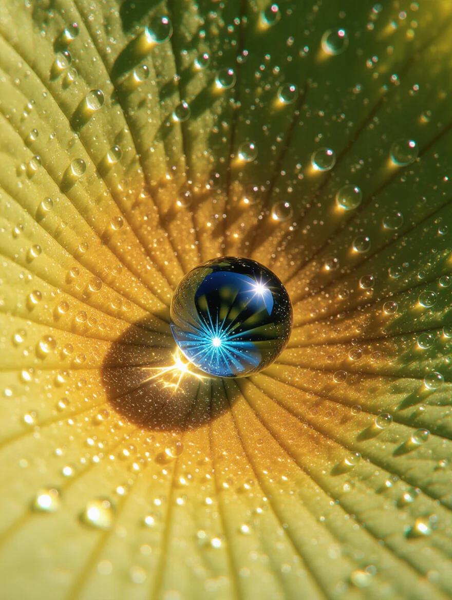 Close-up image of a water droplet on a lotus leaf. The droplet slightly elongates downward. Its blue light core is bright. Golden light patterns flow around it, and the lotus leaf edge trembles softly. A cinematic macro photography style combines realism and fantasy.