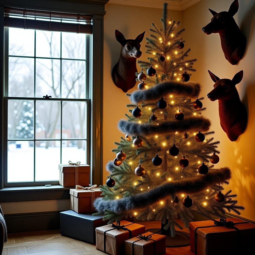 A beautifully decorated Christmas tree stands prominently in a room with animal mounts. The tree is adorned with black, dark metallic, copper ornaments, lights, and a faux fur ribbon. Beside the tree, there are several neatly wrapped gifts, enhancing the festive spirit. The window shows a snowy scene, adding to the winter ambiance. Soft lighting fills the room, creating a warm and inviting atmosphere for the holiday season.