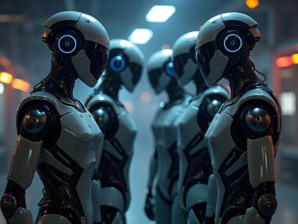 Group of AI agents stand facing each other with a science fiction setting. Robots feature smooth surface and glowing elements. The atmosphere is industrial with dim lighting and highlights.