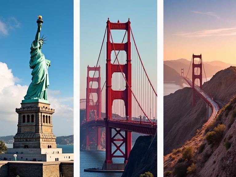 Collage of iconic American landmarks. Includes Statue of Liberty on the left, Golden Gate Bridge in the center, and a canyon landscape on the right.
