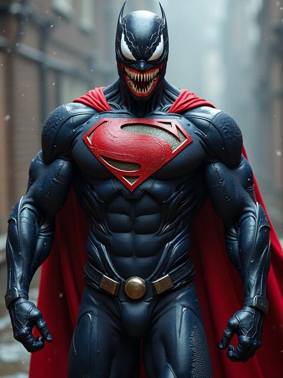 Fusion of Superman and Venom. Highly muscular superhero poses confidently. Armored suit with red cape. The image is set in a misty alley of a city.