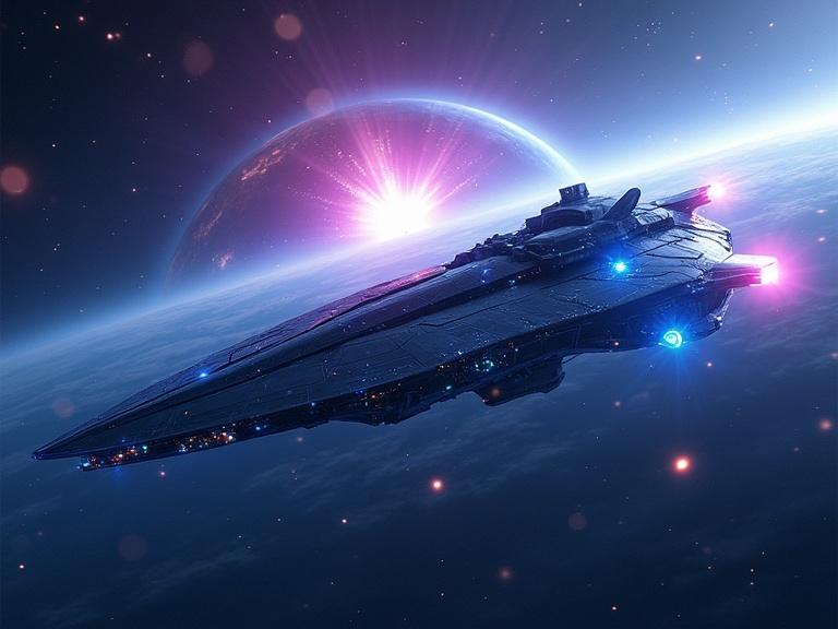 Conceptual image of a futuristic spaceship defending Earth from magnetar radiation. Ship has sleek lines and iridescent panels. Surrounded by glowing energy shields. Magnetar flares visible through shields. Cinematic style emphasizing texture and cosmic effects. Wide angle shows Earth and cosmic backdrop illuminated by magnetar.