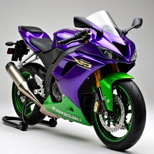 A motorcycle design with purple and green fairings featuring gold accents. The bike is prominently displayed.