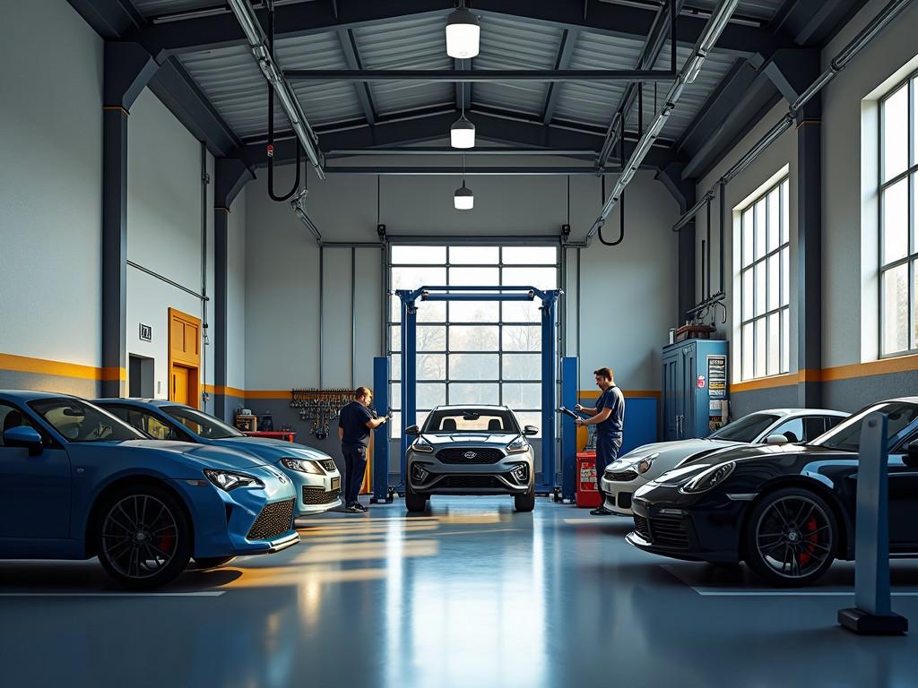 a well-organized automotive workshop with luxury cars under maintenance