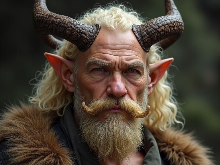 Middle-aged man with fair skin and long curly light blonde hair. He has a full handlebar mustache and beard. He wears large dark brown horns and has pointed elf-like ears. His garment is fur-trimmed. His expression is serious with a direct gaze.