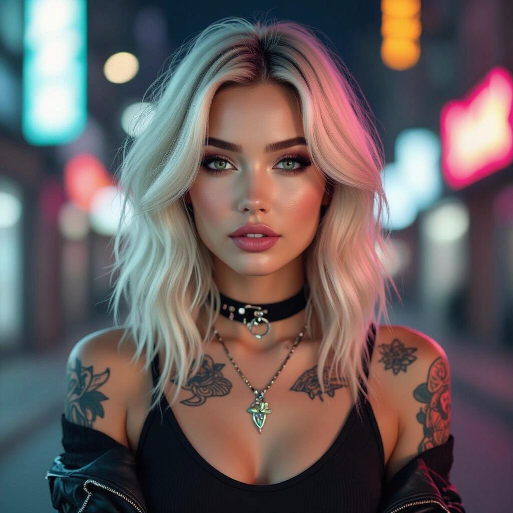 Create a captivating digital illustration featuring a woman with blonde hair. Mysterious expression and notable tattoos. Wearing trendy fashion style. Dark neon tech background.