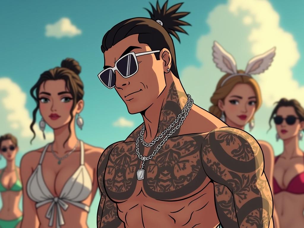 Anime character in futuristic hip hop music video. Male with tattoos and sunglasses. Surrounded by women in bikinis. Elements of modern fashion. Summer vibe with luxurious feel. Showcasing hip hop culture. High-tech aesthetics.