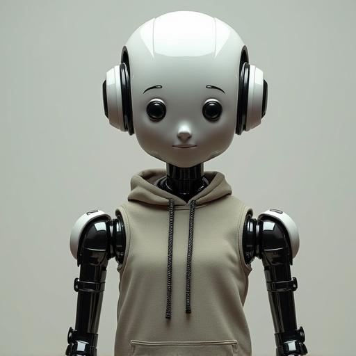 Robot girl stands in full body frontal view. Human face displayed. Wearing casual clothes. Skin appears human-like. Accessories include headphones.