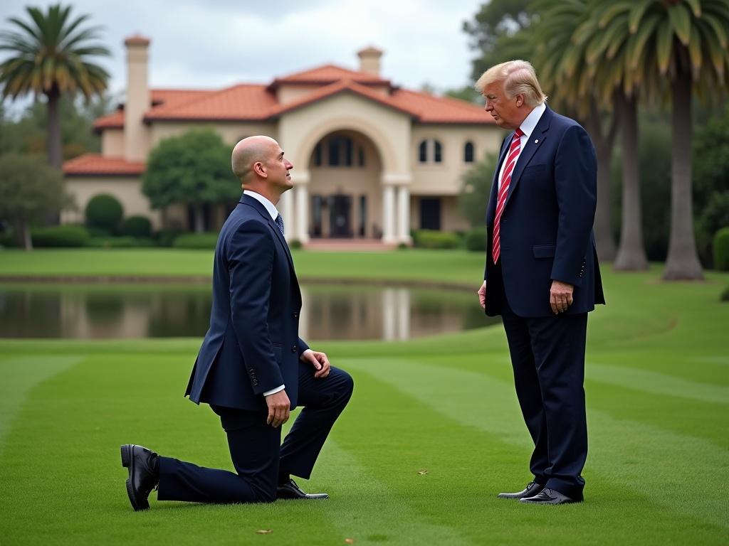 A picture shows a business interaction between two prominent figures on a well-maintained lawn near a large residence. One figure is kneeling while the other stands. The setting is a sunny day at a luxurious estate.