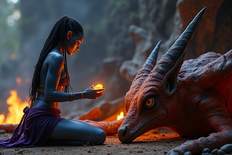In a crystal canyon, Kaari kneels beside Toruk. She holds glowing sap from a cracked vine. Toruk's massive body rests with fiery skin colors. Kaari has radiant blue skin and bioluminescent markings. Her attire is torn and a purple loincloth is loose. Long braids are soot-streaked. Her golden eyes show tenderness.
