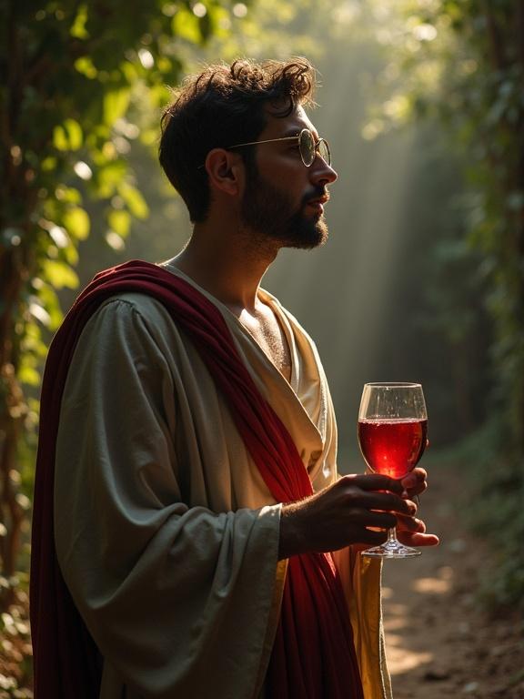 A young man in robe and round glasses stands outdoors. He holds a glass of red wine. The scene is surrounded by vines. Dynamic lighting creates an ethereal atmosphere. His expression is worried and pensive.