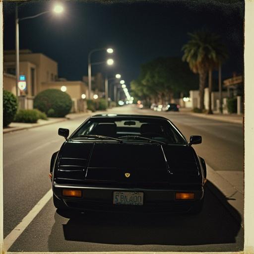 Aesthetic image of black Lamborghini Jalpa on an early 80s LA street at night. Poor lighting and dull colors with Polaroid style.