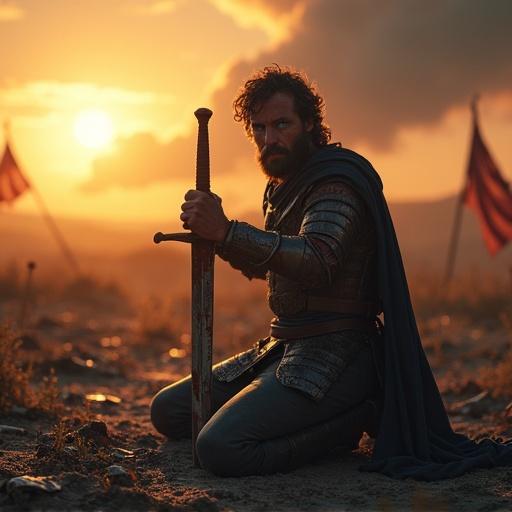 Hyperrealistic 4K image of a determined warrior kneeling on a battlefield at dawn. Hands grip a sword in the earth, symbolizing resilience. Broken armor has dried blood. Intense blue eyes fixed on the horizon. Golden sun illuminates landscape with smoke and tattered flags. Light path points forward. Cinematic style like The Lord of the Rings with dramatic lighting and textures. Cool tones in foreground, warm tones in background. Include a symbol of hope like a bird or flower.