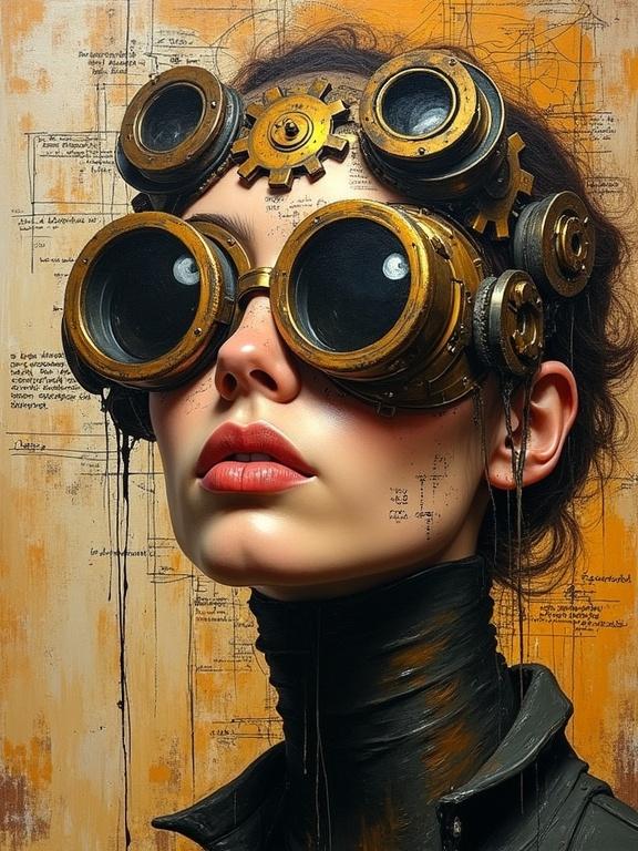Close-up of a steampunk model lost in thought. Mechanical goggles are askew. Bronze gears sketched into the temple. Bold brushstrokes in browns, golds, and charcoals across the canvas. Scribbled diagrams and chaotic text float around her head. Expression is unreadable and fierce. Background textured with rough canvas and erratic paint smears. Warm hues of amber and rust softly glow over the figure.