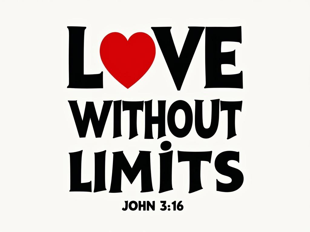 This is a t-shirt print design featuring the phrase 'Love without Limits' prominently displayed across two lines. The word 'Love' is styled in large, bold letters and is the centerpiece, with a red heart integrated into it. Below, 'without Limits' follows in a slightly smaller font but retains a bold appearance, ensuring it stands out. The font used is a strong geometric sans-serif, contributing to a modern feel. Below the main phrase, 'John 3:16' is printed in a smaller, stylized font that draws attention without overwhelming the design.