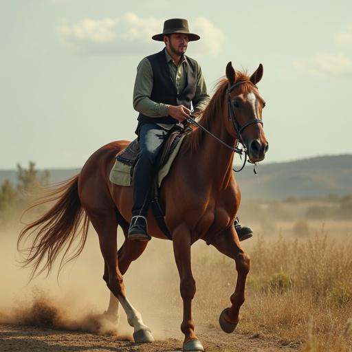 A scene of horse riding in a natural environment with a rider on a horse. The rider is confidently managing the horse, creating a dynamic atmosphere. Dust is kicked up around them, enhancing the sense of movement and excitement