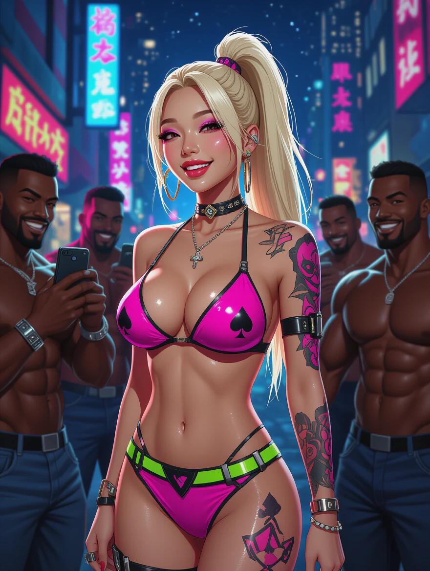 Busty Asian cyberpunk model in bright edgy bikini on night city street. Neon lights illuminate surroundings. Slim waist and high blonde ponytail. Model has queen of spades tattoos with lots of jewelry. She is turned halfway and laughing. Surrounded by huge muscular black men taking pictures with sly smiles. Comic style artwork.