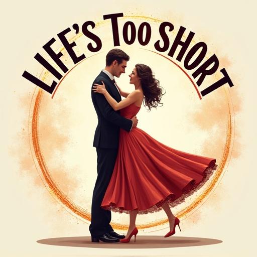 Large retro typography reads Life's Too Short. Small text says For Bad Leading. Illustration of a couple dancing pose with detailed dress and expressions. Circular background provides a magical atmosphere.