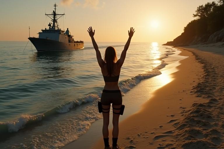 Scene captures a sunset on the beach with a naval ship approaching. A woman stands at the water's edge with arms raised. She wears a dark crop top and tactical shorts, with wet sandy boots. The ship is gray-toned and beams golden reflections. Emotion fills the air as she signals for help.
