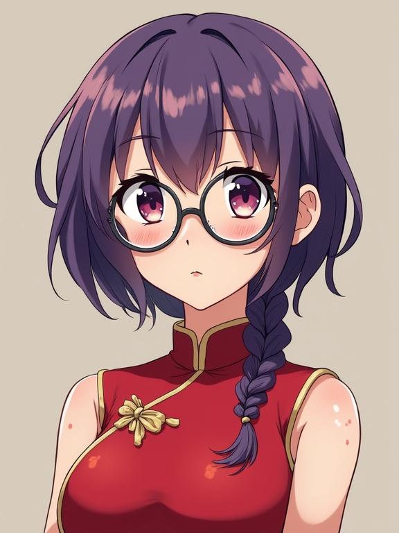 Anime character with purple short hair in a low braid wearing large round glasses and a red cheongsam without sleeves. Character has a few freckles and a round face. Styled in a '90s anime aesthetic.