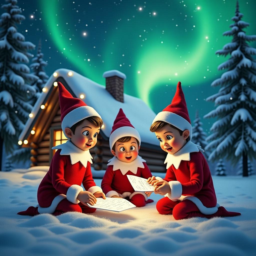 Three elves dressed in red and white are writing notes. The scene is set in a snowy landscape. Northern lights illuminate the sky. A cozy cabin is in the background. The elves show excitement for the Christmas season.