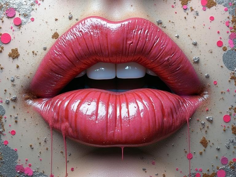 This image features a mesmerizing close-up of glossy lips in pink hues. It incorporates splashes of oil and various textures such as newspaper, jute fibers, wood, and sand. The artwork displays mixed media elements and features drops and scratches throughout.