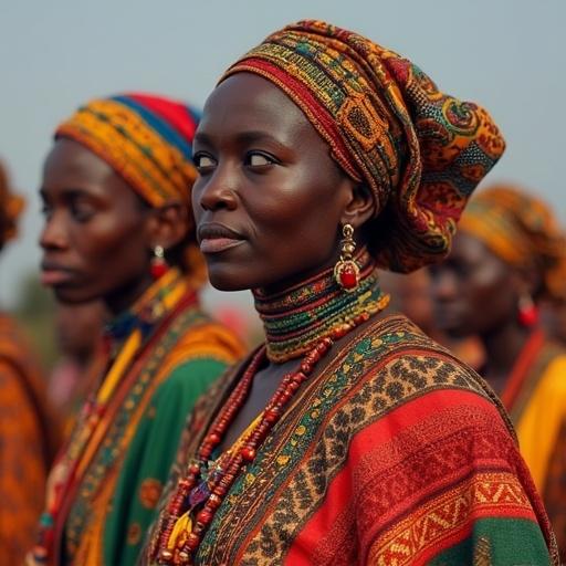 North Sudanese women wearing traditional clothing. The focus is on one woman in profile. The attire is colorful and includes intricate beadwork and patterns. The background shows a gathering of women.