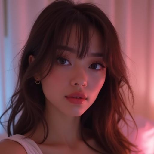 Realistic selfie of an egirl in a slightly dark pink and white bedroom. Subject is a cute petite brunette with a round face. Image is slightly blurry.