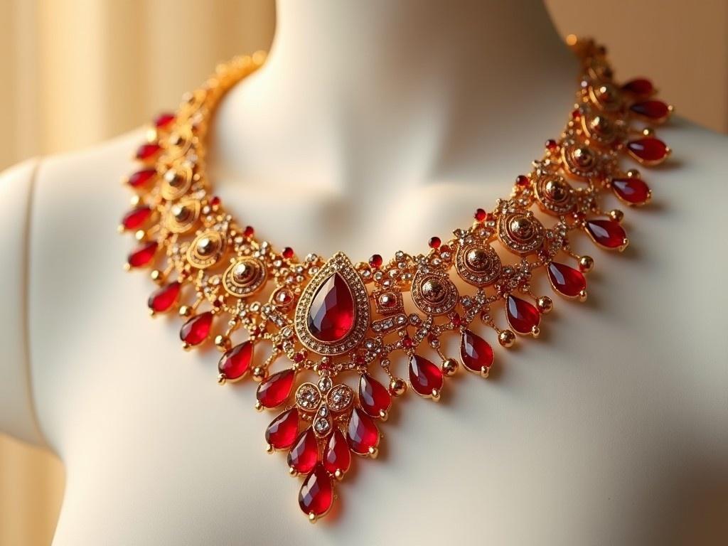 This image displays a stunning gold necklace adorned with vibrant red gems. The intricate design features a series of circular gold patterns embellished with sparkling stones. The necklace also showcases teardrop-shaped red gems, creating a dramatic effect. It's placed on a mannequin, which emphasizes its elegance and beauty. The lighting enhances the shine of the gold and the vibrancy of the red gems, making it visually striking.