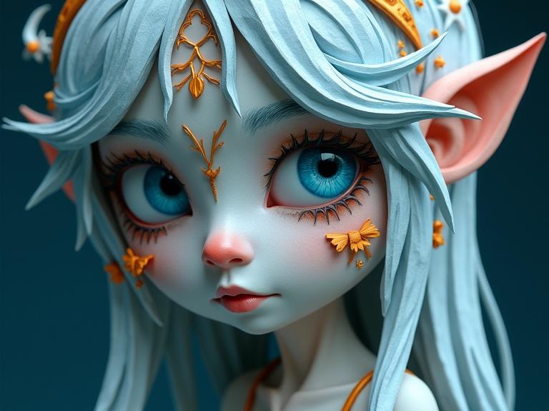 Surreal character design featuring intricate papercraft. Dreamlike hair styled like moss. Elaborate face paint with vibrant colors. Mischievous expression captured in close-up. Digital artwork emphasizing creativity and detail.