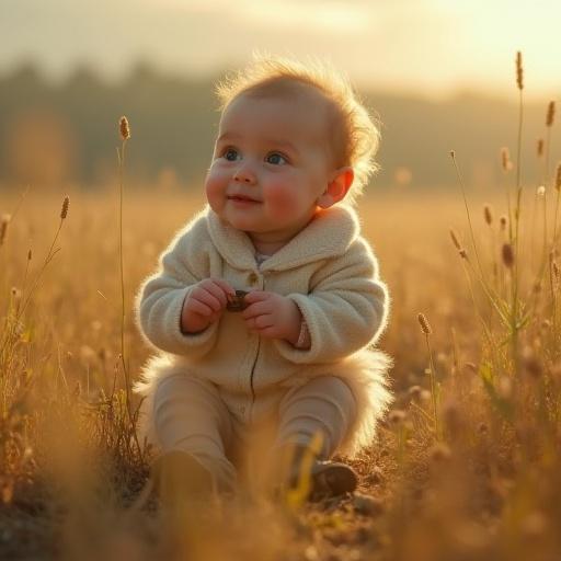 Baby sitting in a field during golden hour. Smiling with gentle sunlight highlighting features. Soft focus background of grass and distant trees.