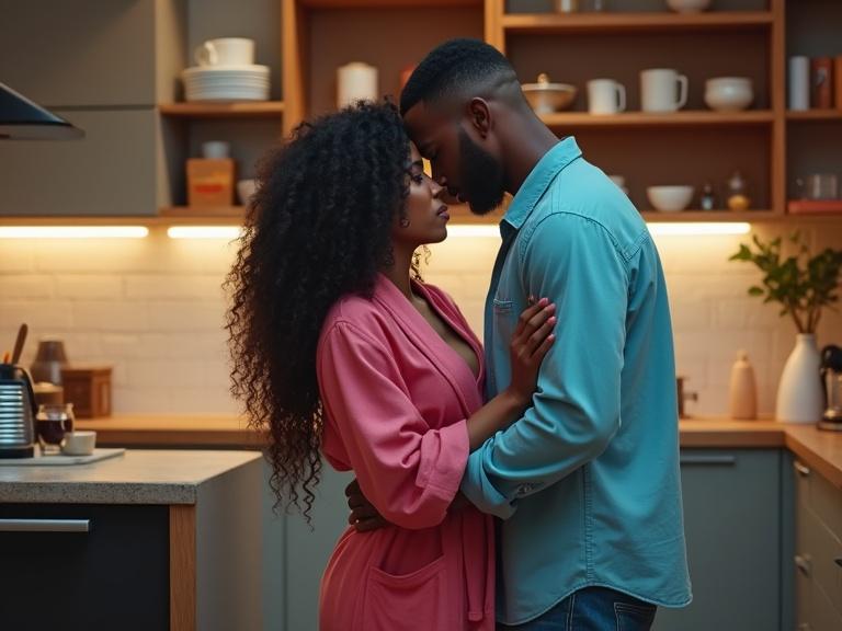 Scene of a couple in a kitchen. Woman with natural hair wearing a pink robe. Man with low-cut hair in a sky blue shirt. They are close together expressing emotions. Coffee steam is rising in the background. Warm lighting enhances the intimate atmosphere.